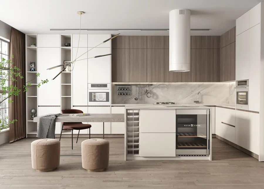 Minimal White Peninsula kitchen cabinetry design reference