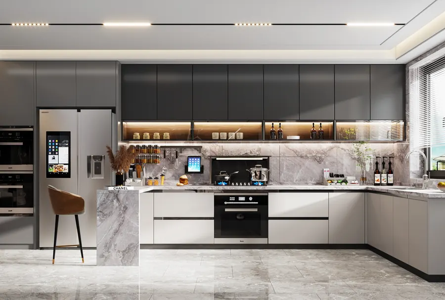 Dark Accent Peninsula custom kitchen cabinet style reference